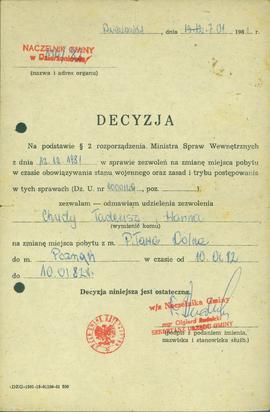 Decyzja... w sprawie zezwoleń na zmianę miejsca pobytu w czasie obowiązywania stanu wojennego...