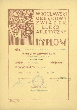 Dyplom dla Antczaka Henryka A.Z.S. Wrocław który w zawodach o Mistrzostwo W.O.Z.L.A w rzucie młot...
