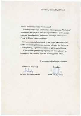 Pismo z redakcji "Sobótki"