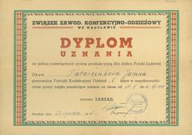 Dyplom uznania za pełną poświęcenia pracę produkcyjną dla dobra Polski Ludowej