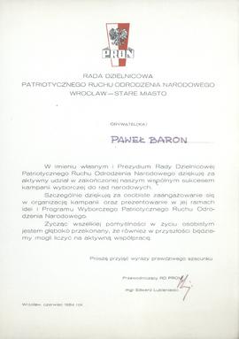 Podziękowanie z udział w kampanii wyborczej PRON