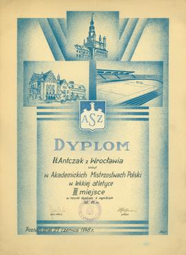 Dyplom za III miejsce w rzucie dyskiem w Akademickich Mistrzostwach Polski w lekkiej atletyce